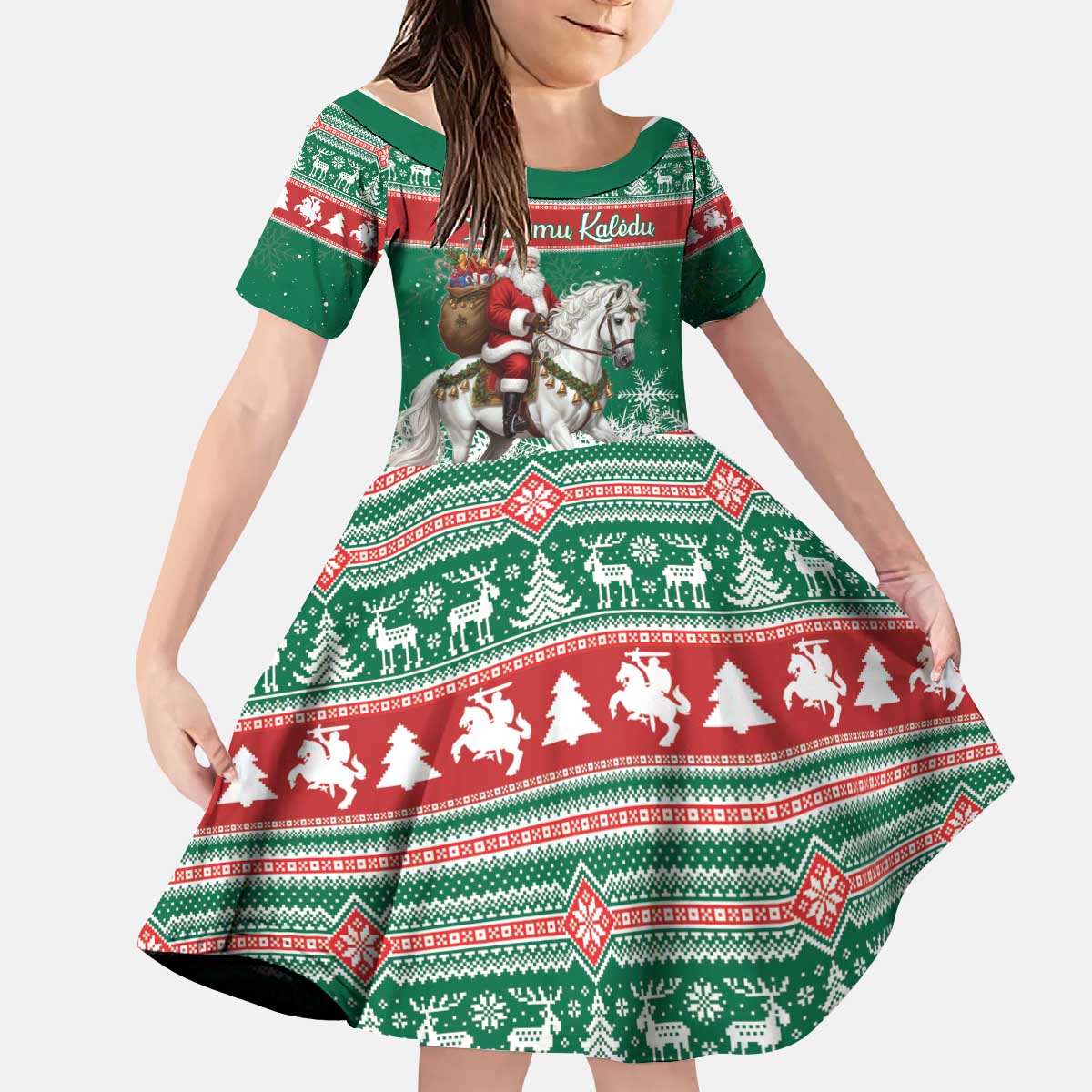 Lithuania Christmas Kid Short Sleeve Dress Santa Riding White Horse Linksmu Kaledu - Wonder Print Shop