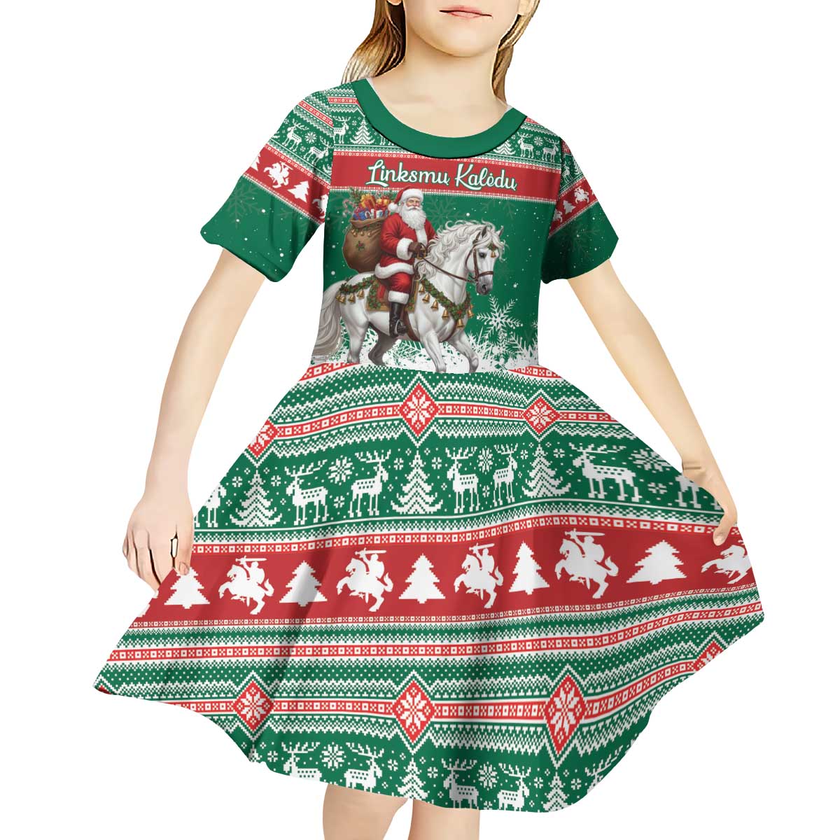 Lithuania Christmas Kid Short Sleeve Dress Santa Riding White Horse Linksmu Kaledu - Wonder Print Shop
