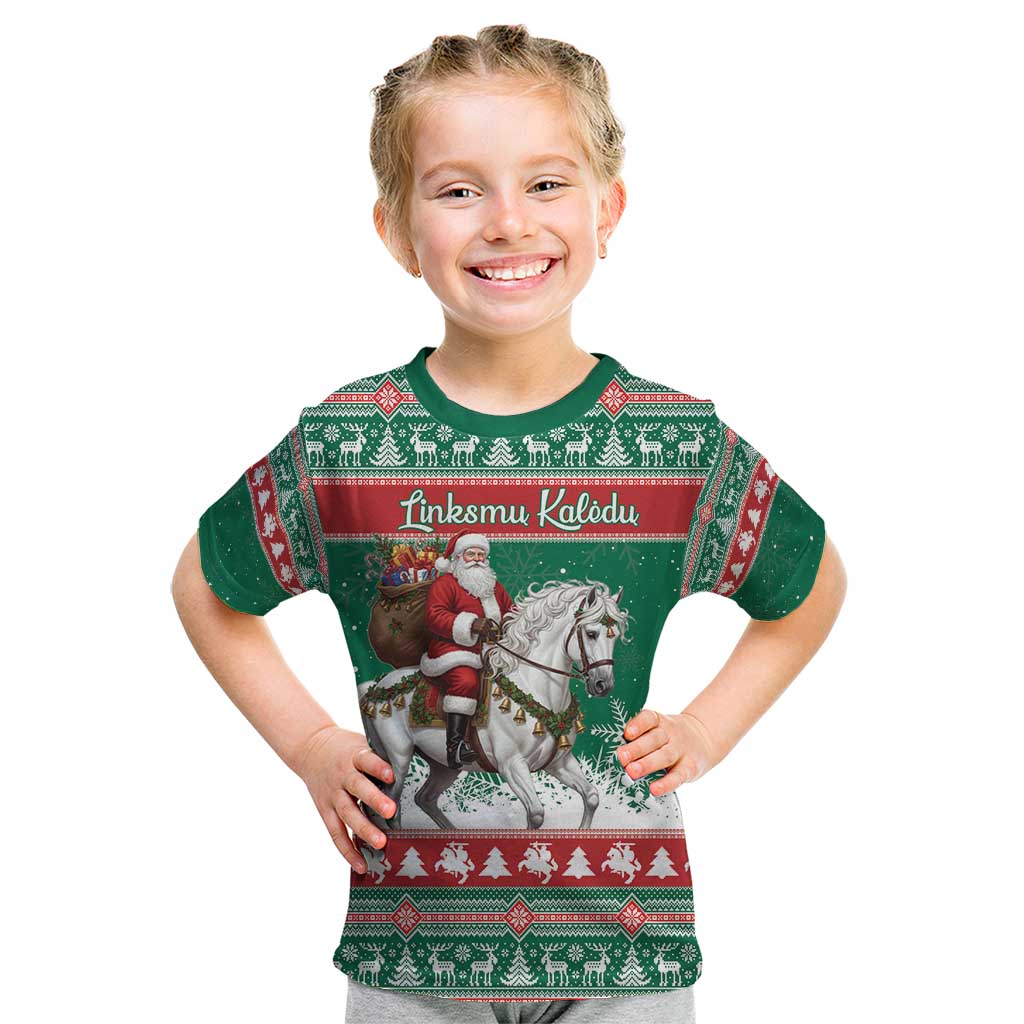 Lithuania Christmas Kid T Shirt Santa Riding White Horse Linksmu Kaledu - Wonder Print Shop