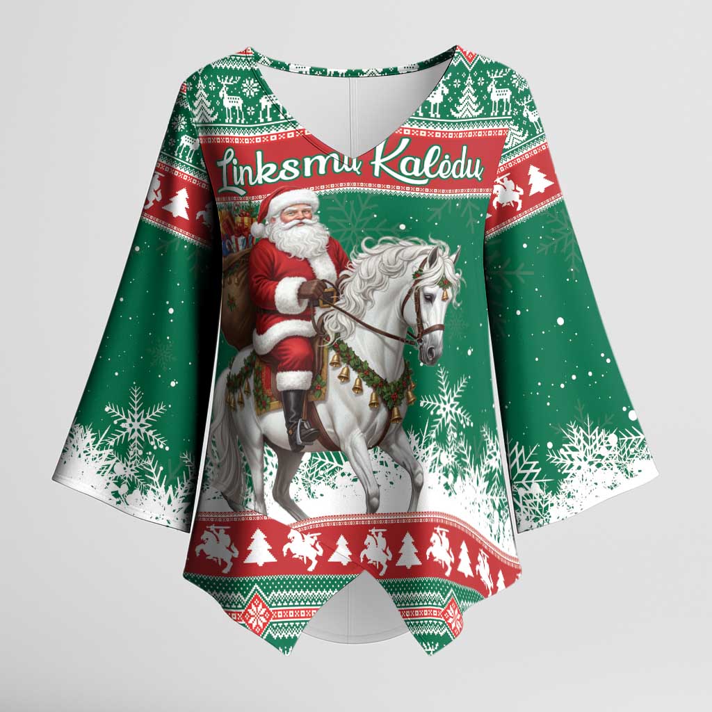 Lithuania Christmas Kimono Sleeve Blouse Santa Riding White Horse Linksmu Kaledu - Wonder Print Shop