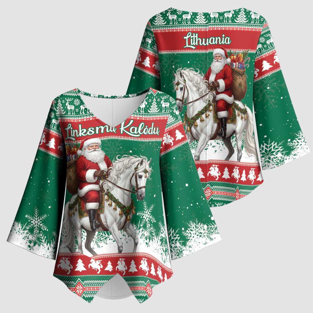 Lithuania Christmas Kimono Sleeve Blouse Santa Riding White Horse Linksmu Kaledu - Wonder Print Shop