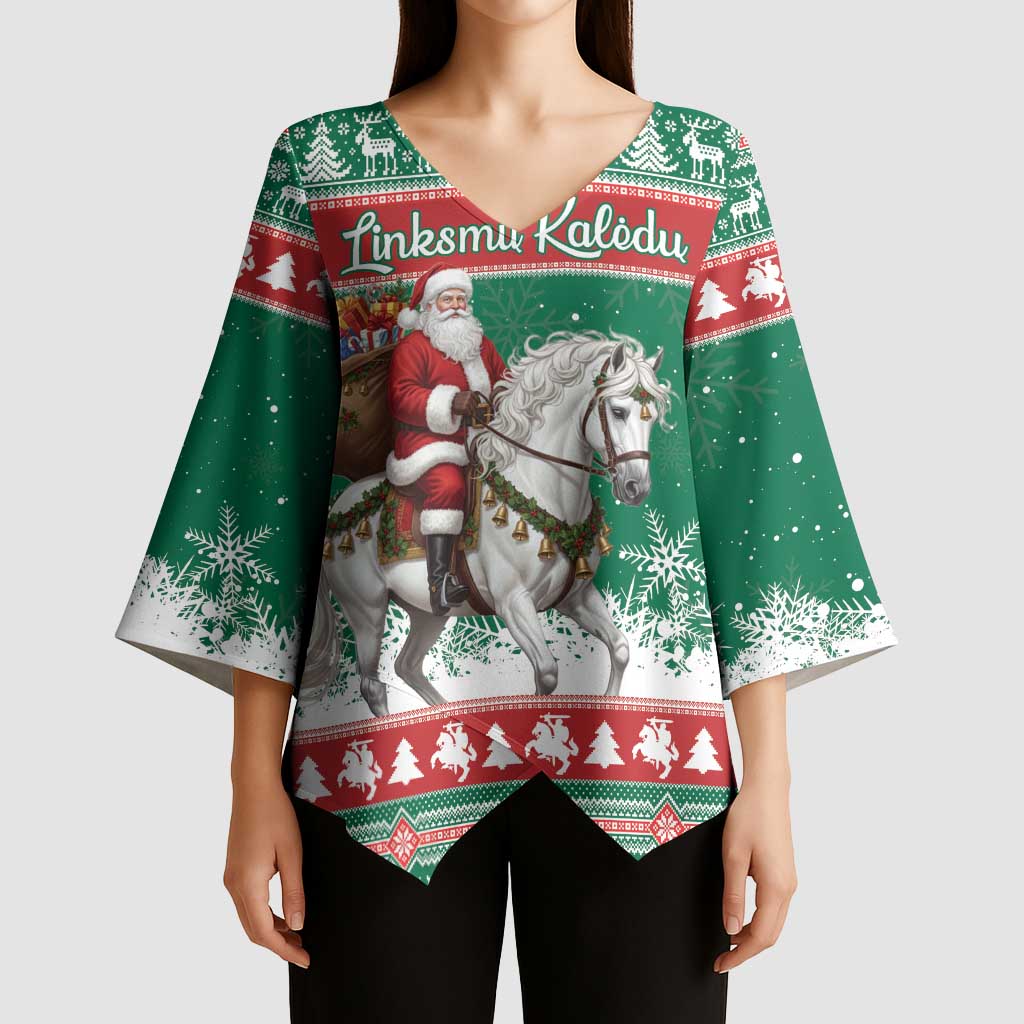 Lithuania Christmas Kimono Sleeve Blouse Santa Riding White Horse Linksmu Kaledu - Wonder Print Shop