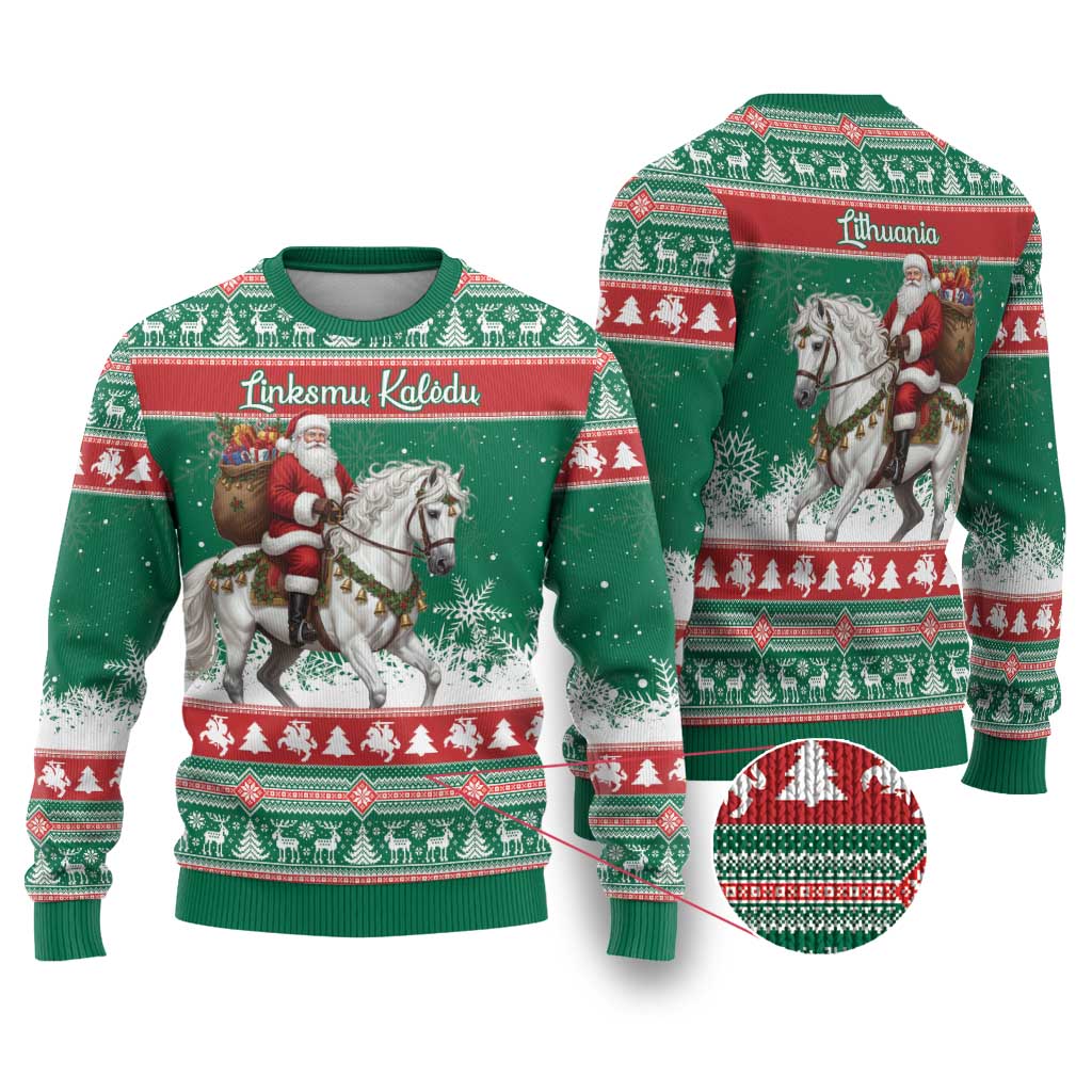 Lithuania Christmas Ugly Christmas Sweater Santa Riding White Horse Linksmu Kaledu - Wonder Print Shop