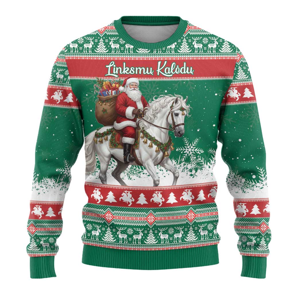 Lithuania Christmas Ugly Christmas Sweater Santa Riding White Horse Linksmu Kaledu - Wonder Print Shop