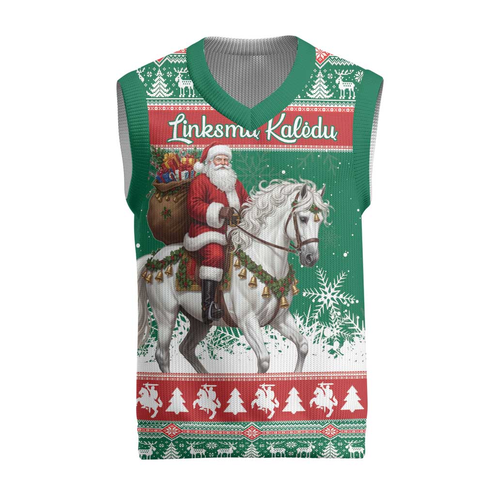 Lithuania Christmas Knitted V-Neck Vest Santa Riding White Horse Linksmu Kaledu - Wonder Print Shop