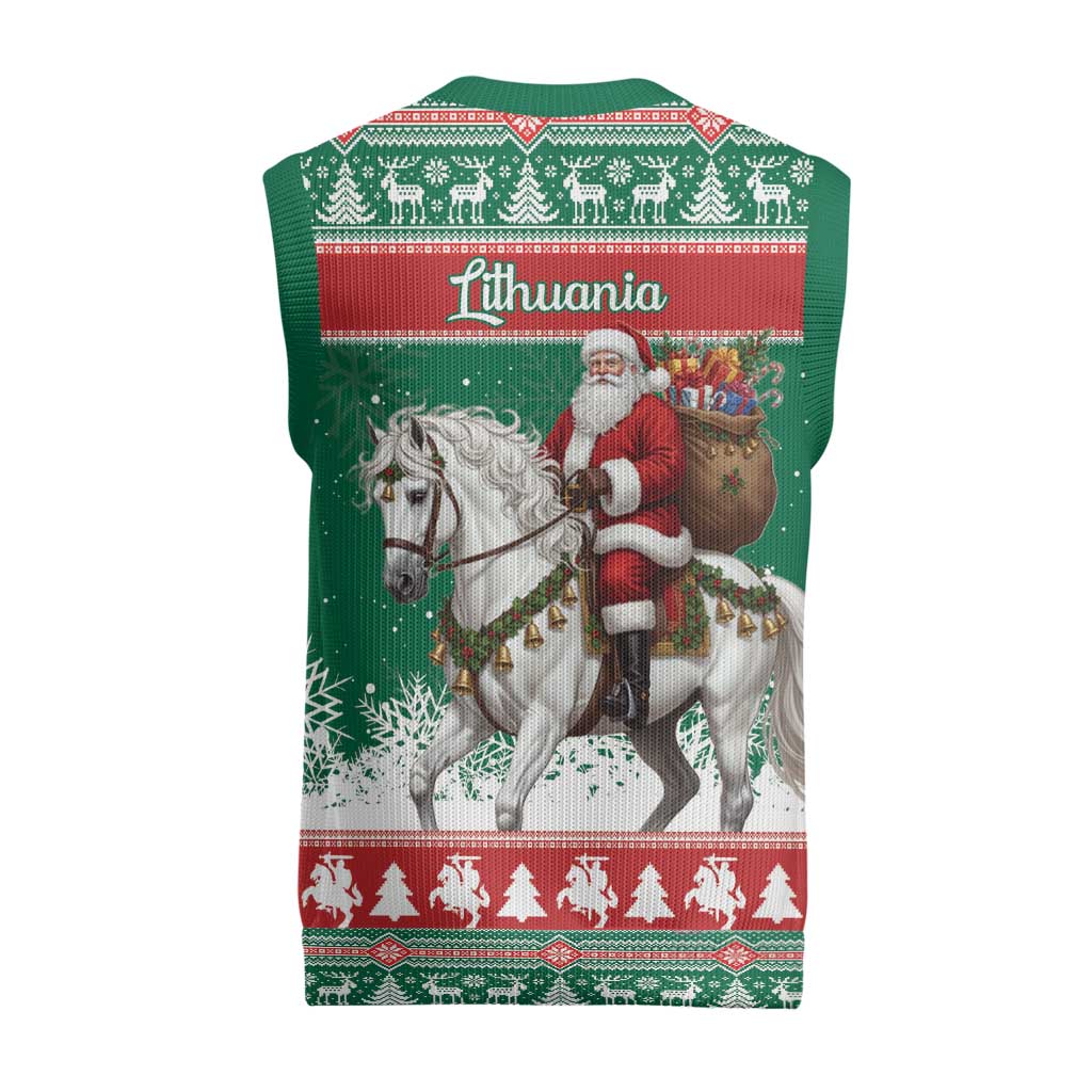 Lithuania Christmas Knitted V-Neck Vest Santa Riding White Horse Linksmu Kaledu - Wonder Print Shop