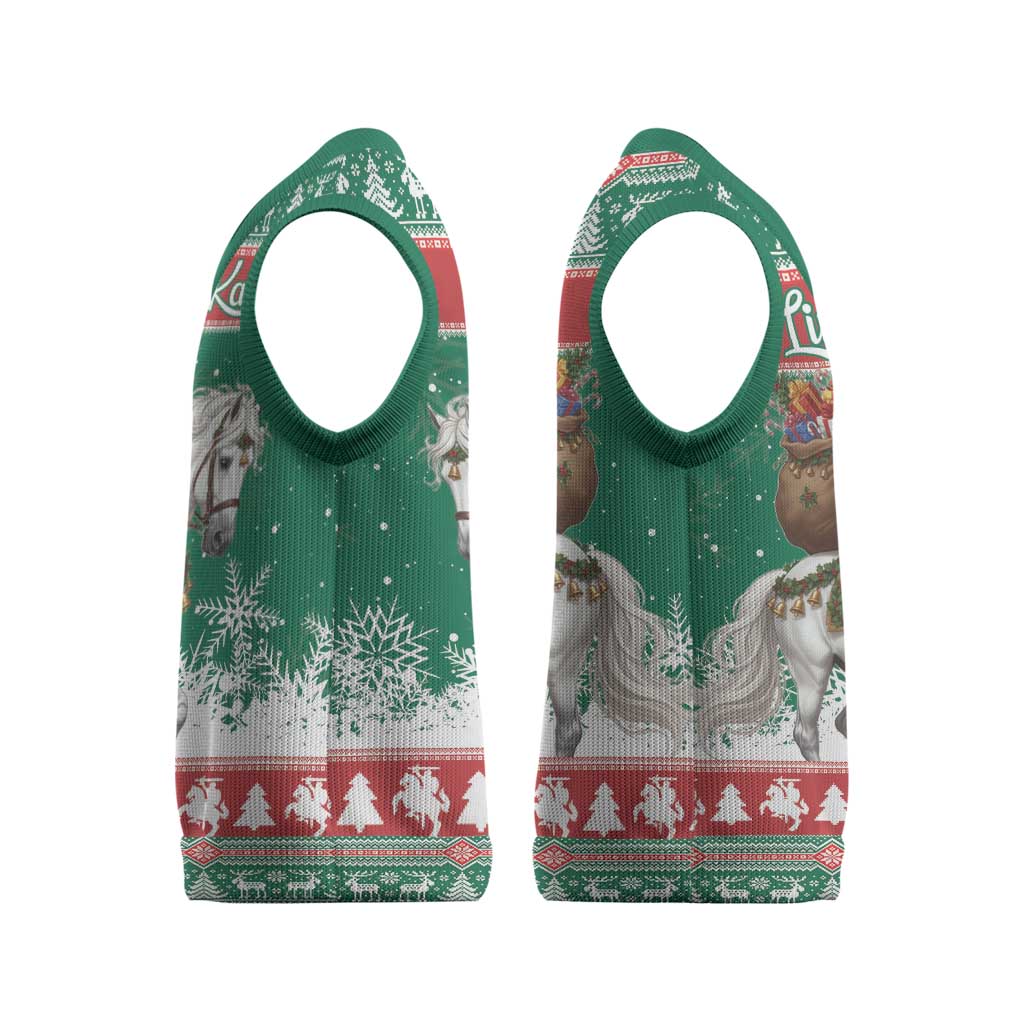 Lithuania Christmas Knitted V-Neck Vest Santa Riding White Horse Linksmu Kaledu - Wonder Print Shop