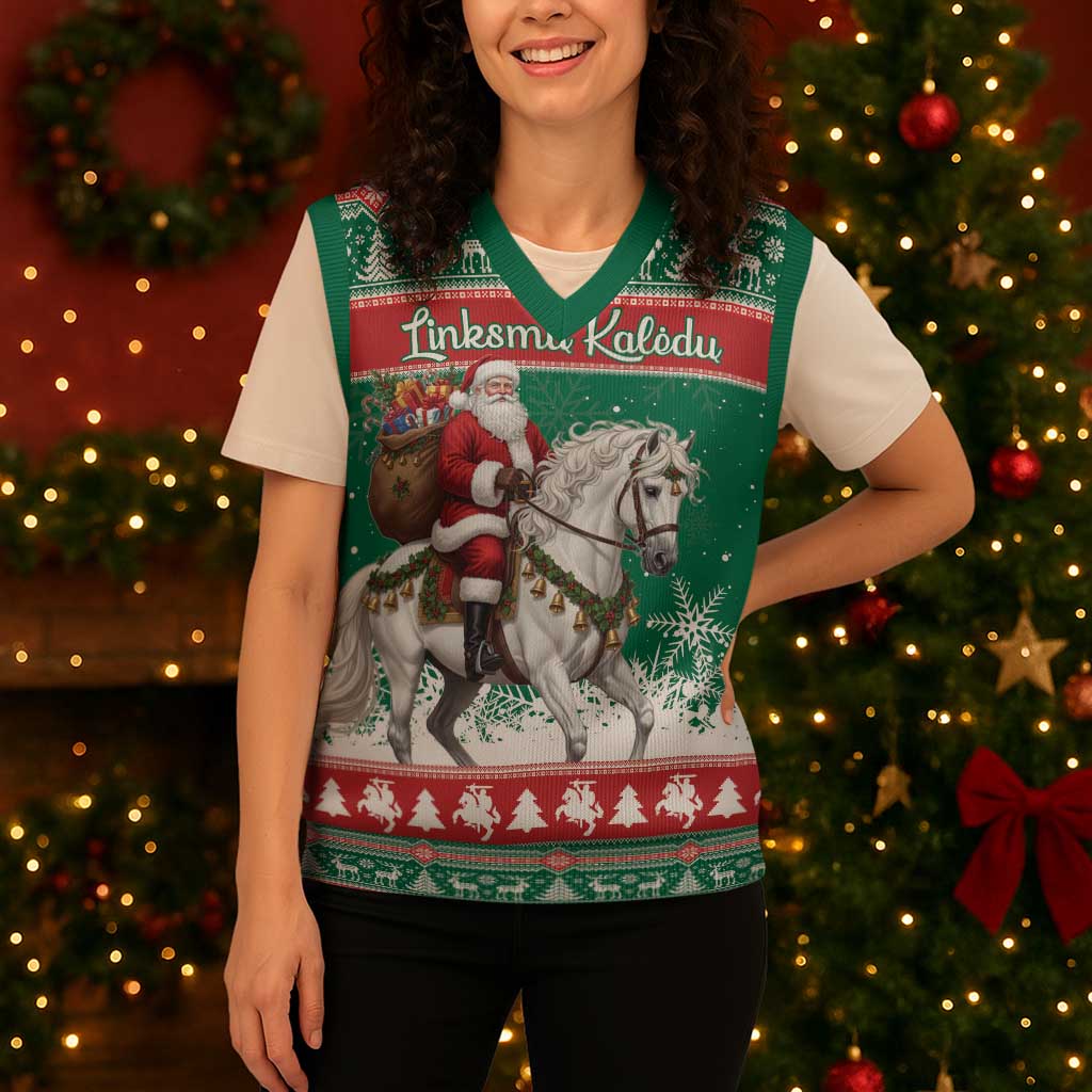 Lithuania Christmas Knitted V-Neck Vest Santa Riding White Horse Linksmu Kaledu - Wonder Print Shop