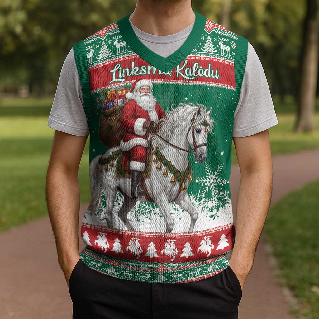 Lithuania Christmas Knitted V-Neck Vest Santa Riding White Horse Linksmu Kaledu - Wonder Print Shop