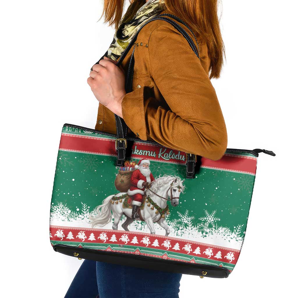 Lithuania Christmas Leather Tote Bag Santa Riding White Horse Linksmu Kaledu - Wonder Print Shop