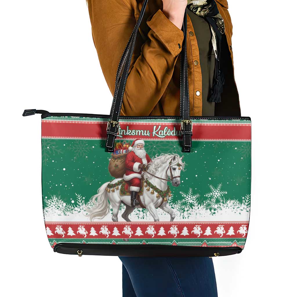 Lithuania Christmas Leather Tote Bag Santa Riding White Horse Linksmu Kaledu - Wonder Print Shop