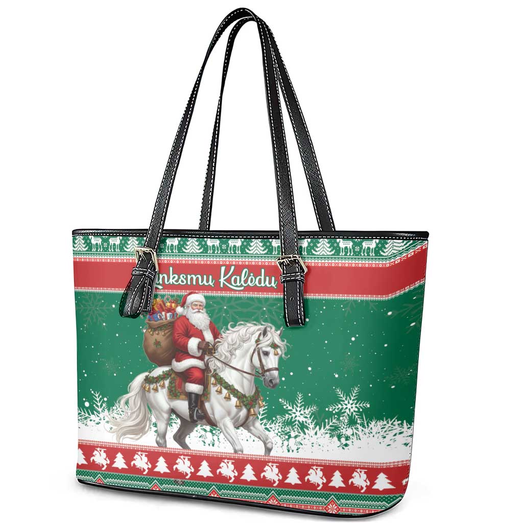 Lithuania Christmas Leather Tote Bag Santa Riding White Horse Linksmu Kaledu - Wonder Print Shop