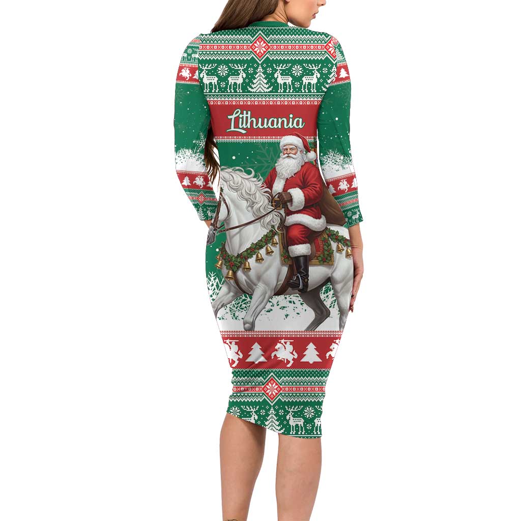 Lithuania Christmas Long Sleeve Bodycon Dress Santa Riding White Horse Linksmu Kaledu - Wonder Print Shop