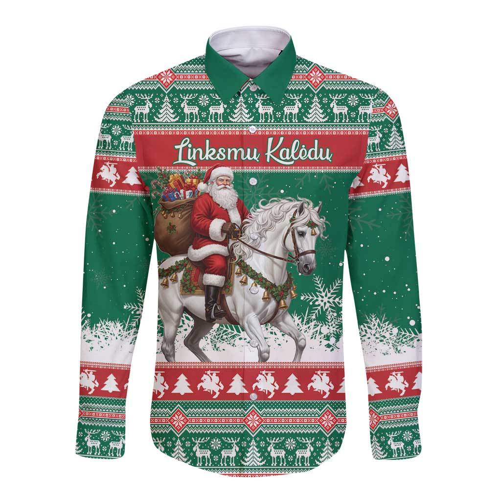 Lithuania Christmas Long Sleeve Button Shirt Santa Riding White Horse Linksmu Kaledu - Wonder Print Shop