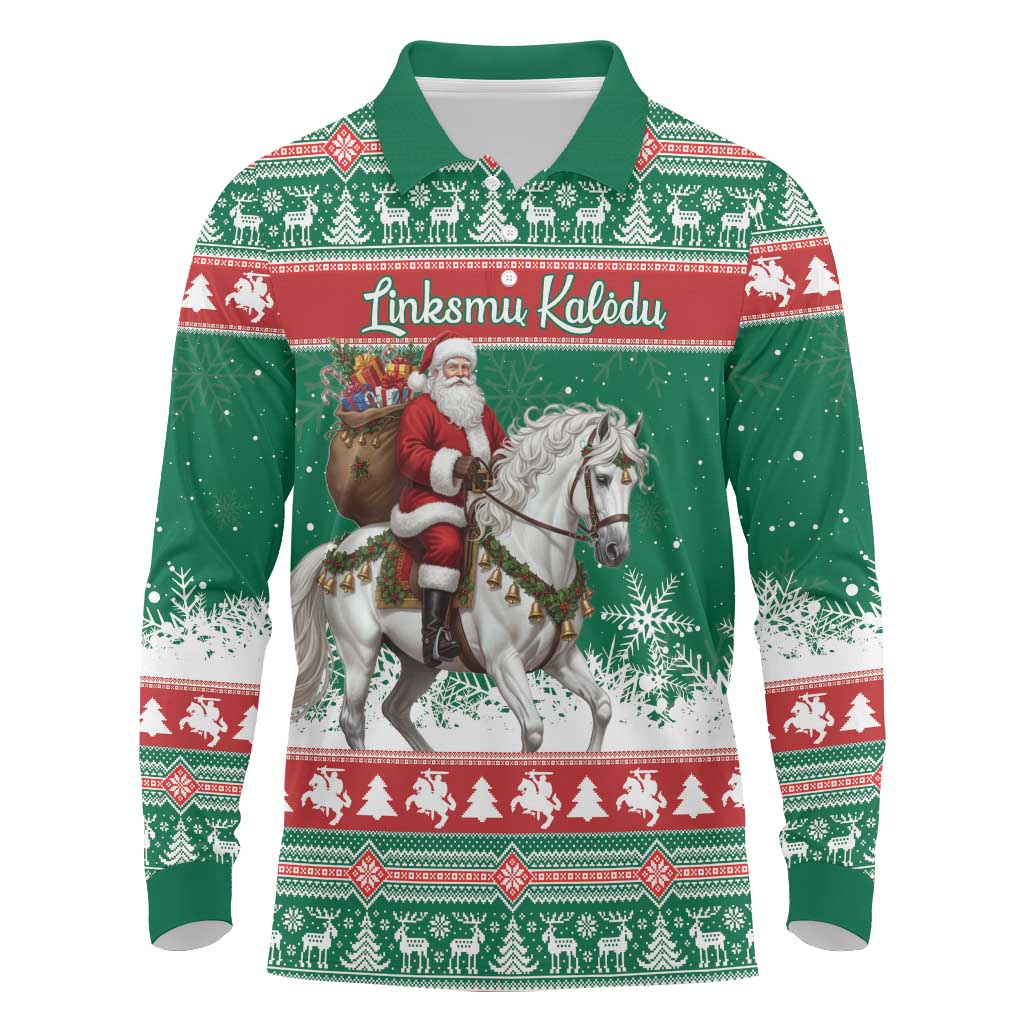 Lithuania Christmas Long Sleeve Polo Shirt Santa Riding White Horse Linksmu Kaledu - Wonder Print Shop