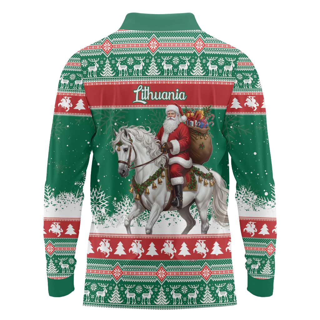 Lithuania Christmas Long Sleeve Polo Shirt Santa Riding White Horse Linksmu Kaledu - Wonder Print Shop