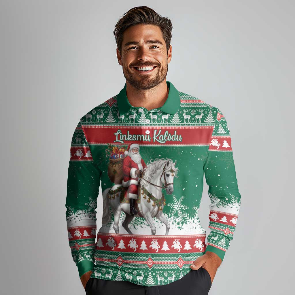 Lithuania Christmas Long Sleeve Polo Shirt Santa Riding White Horse Linksmu Kaledu - Wonder Print Shop