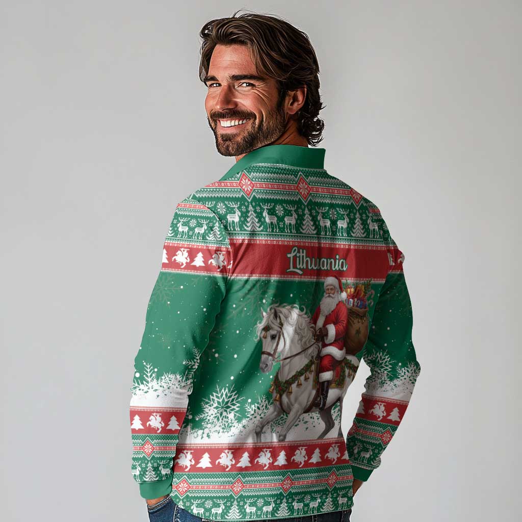 Lithuania Christmas Long Sleeve Polo Shirt Santa Riding White Horse Linksmu Kaledu - Wonder Print Shop