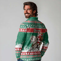 Lithuania Christmas Long Sleeve Polo Shirt Santa Riding White Horse Linksmu Kaledu - Wonder Print Shop