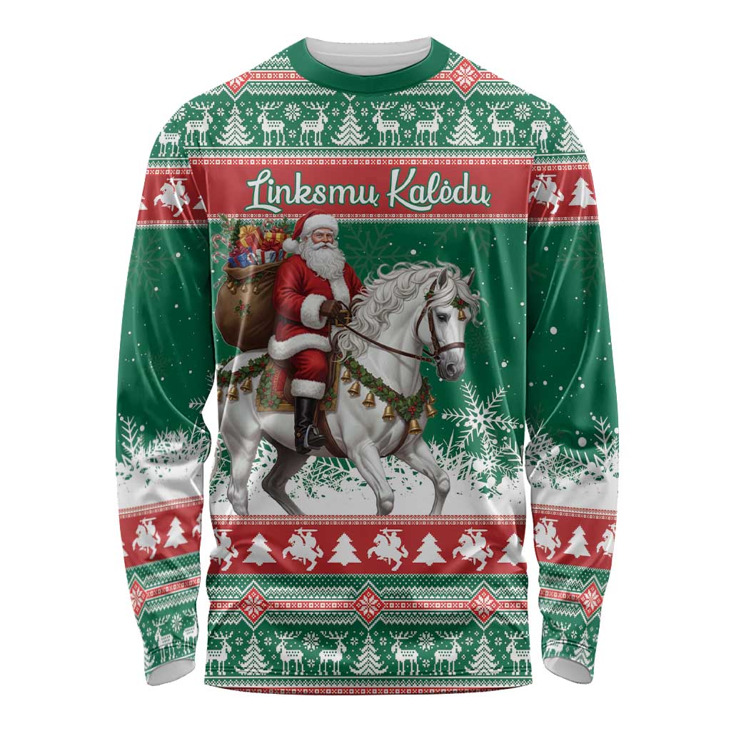 Lithuania Christmas Long Sleeve Shirt Santa Riding White Horse Linksmu Kaledu - Wonder Print Shop