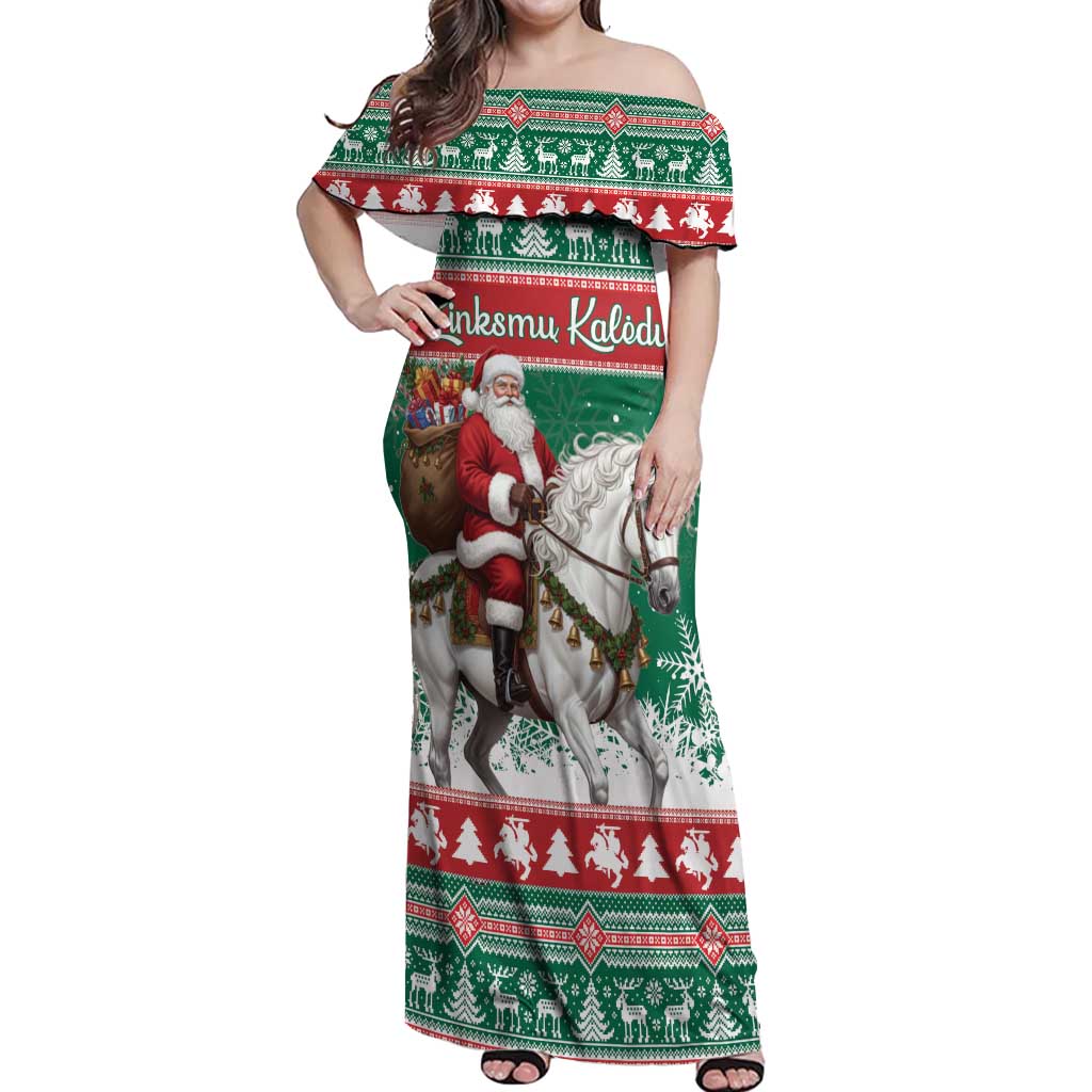 Lithuania Christmas Off Shoulder Maxi Dress Santa Riding White Horse Linksmu Kaledu - Wonder Print Shop