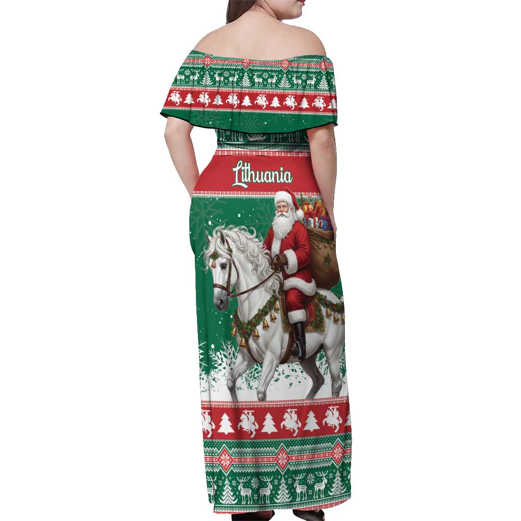 Lithuania Christmas Off Shoulder Maxi Dress Santa Riding White Horse Linksmu Kaledu - Wonder Print Shop