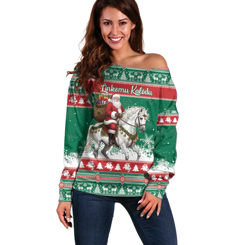 Lithuania Christmas Off Shoulder Sweater Santa Riding White Horse Linksmu Kaledu - Wonder Print Shop