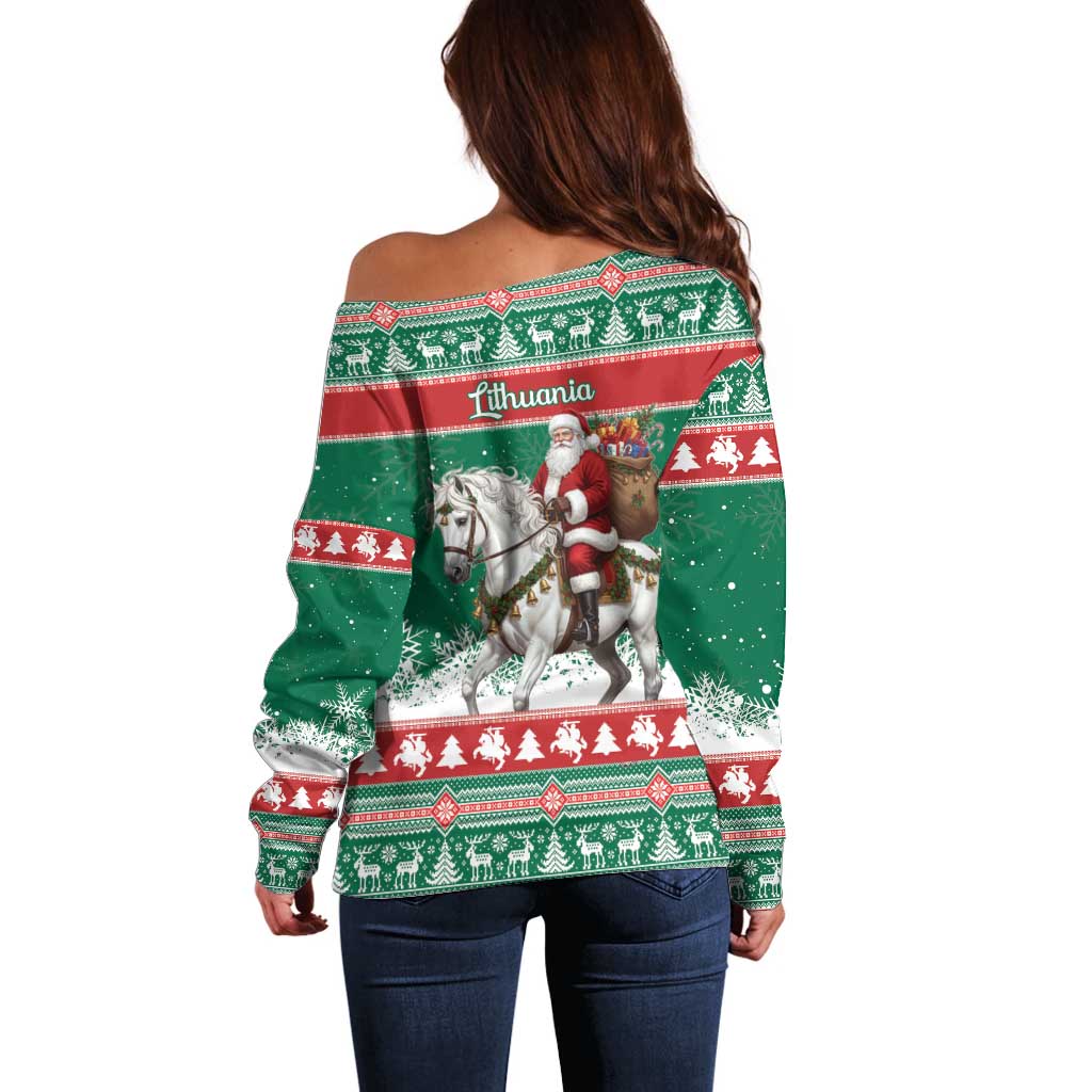 Lithuania Christmas Off Shoulder Sweater Santa Riding White Horse Linksmu Kaledu - Wonder Print Shop