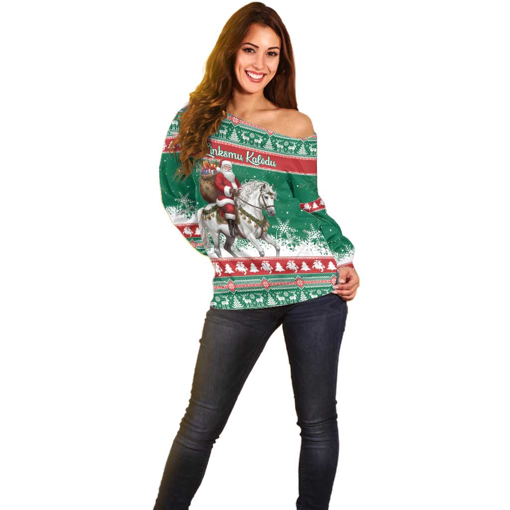 Lithuania Christmas Off Shoulder Sweater Santa Riding White Horse Linksmu Kaledu - Wonder Print Shop