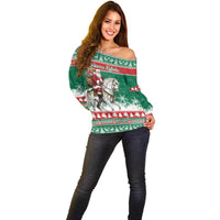 Lithuania Christmas Off Shoulder Sweater Santa Riding White Horse Linksmu Kaledu - Wonder Print Shop