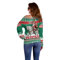 Lithuania Christmas Off Shoulder Sweater Santa Riding White Horse Linksmu Kaledu - Wonder Print Shop