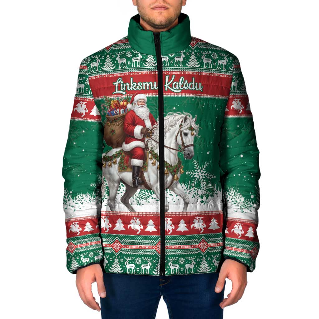 Lithuania Christmas Padded Jacket Santa Riding White Horse Linksmu Kaledu - Wonder Print Shop