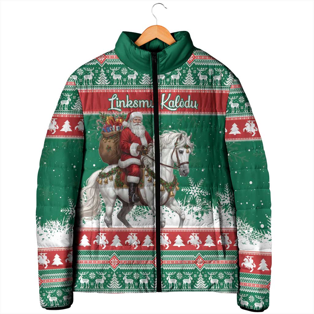 Lithuania Christmas Padded Jacket Santa Riding White Horse Linksmu Kaledu - Wonder Print Shop