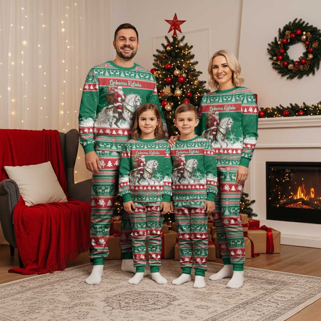Lithuania Christmas Pajama Set Santa Riding White Horse Linksmu Kaledu - Wonder Print Shop