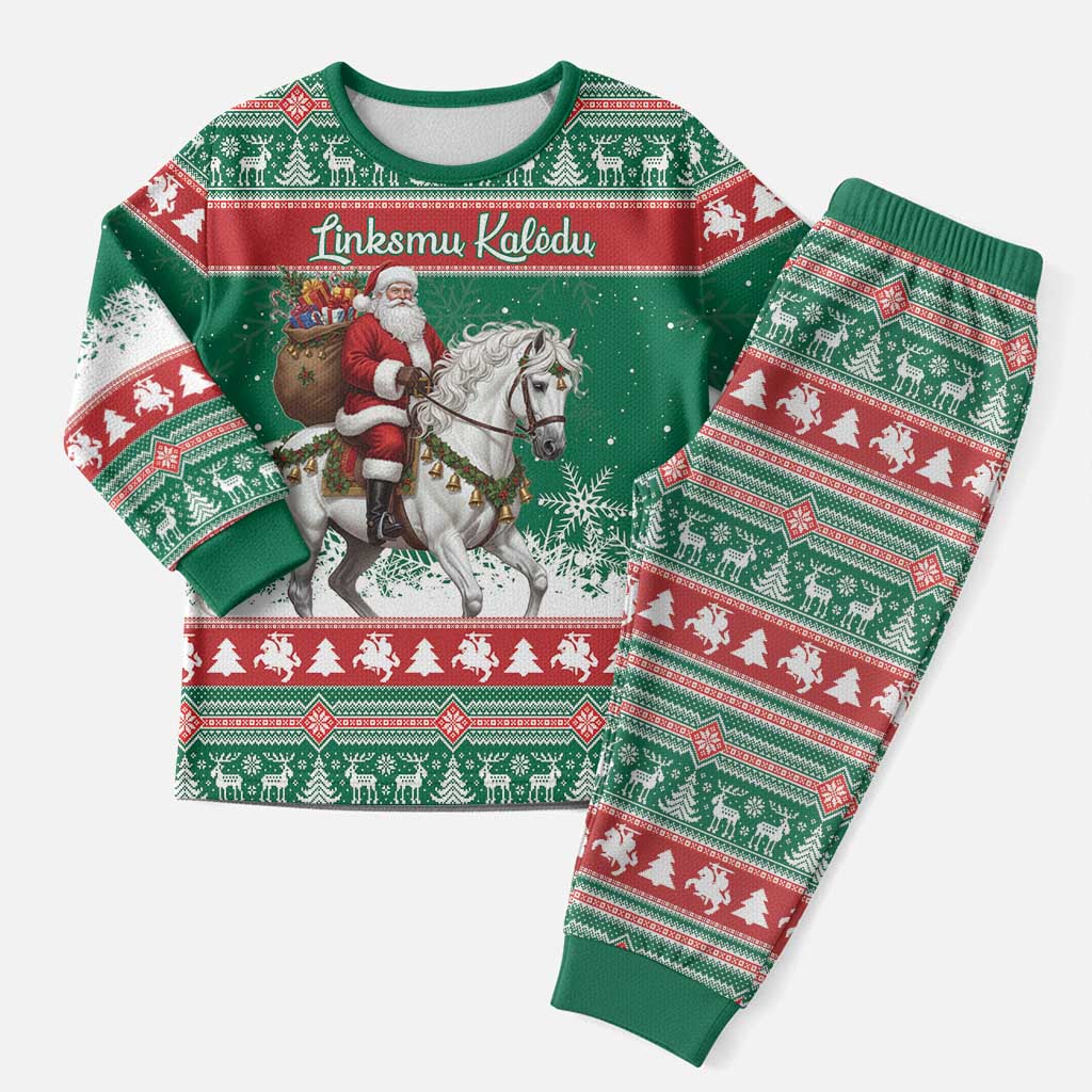 Lithuania Christmas Pajama Set Santa Riding White Horse Linksmu Kaledu - Wonder Print Shop
