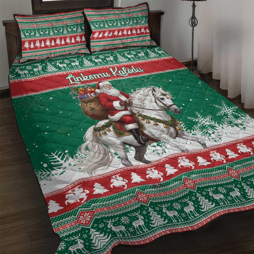 Lithuania Christmas Quilt Bed Set Santa Riding White Horse Linksmu Kaledu - Wonder Print Shop