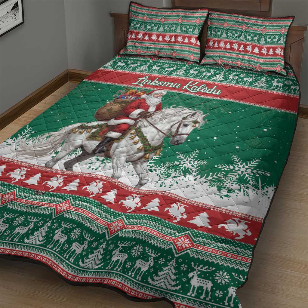 Lithuania Christmas Quilt Bed Set Santa Riding White Horse Linksmu Kaledu - Wonder Print Shop