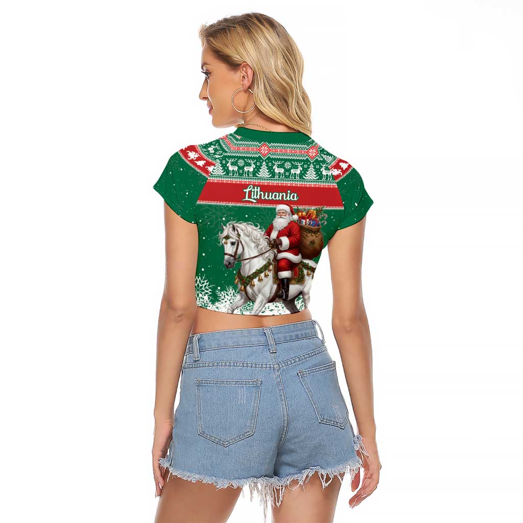 Lithuania Christmas Raglan Cropped T Shirt Santa Riding White Horse Linksmu Kaledu - Wonder Print Shop