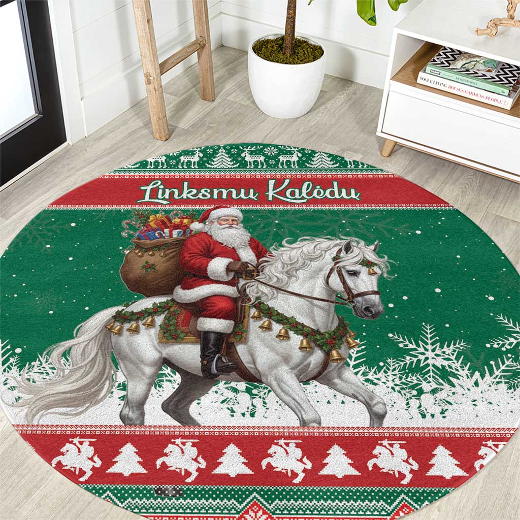 Lithuania Christmas Round Carpet Santa Riding White Horse Linksmu Kaledu - Wonder Print Shop
