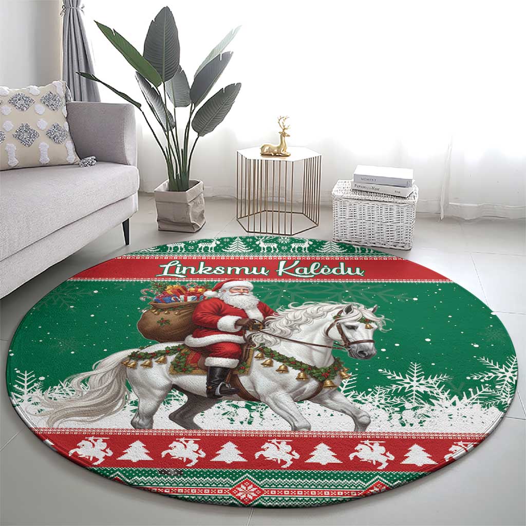 Lithuania Christmas Round Carpet Santa Riding White Horse Linksmu Kaledu - Wonder Print Shop