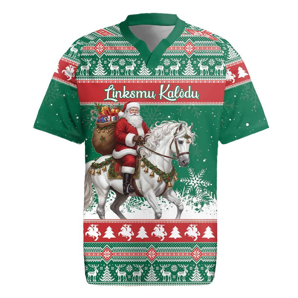 Lithuania Christmas Rugby Jersey Santa Riding White Horse Linksmu Kaledu - Wonder Print Shop