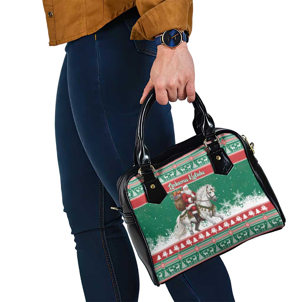 Lithuania Christmas Shoulder Handbag Santa Riding White Horse Linksmu Kaledu - Wonder Print Shop