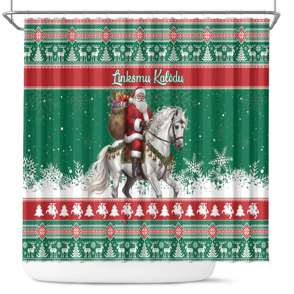 Lithuania Christmas Shower Curtain Santa Riding White Horse Linksmu Kaledu - Wonder Print Shop