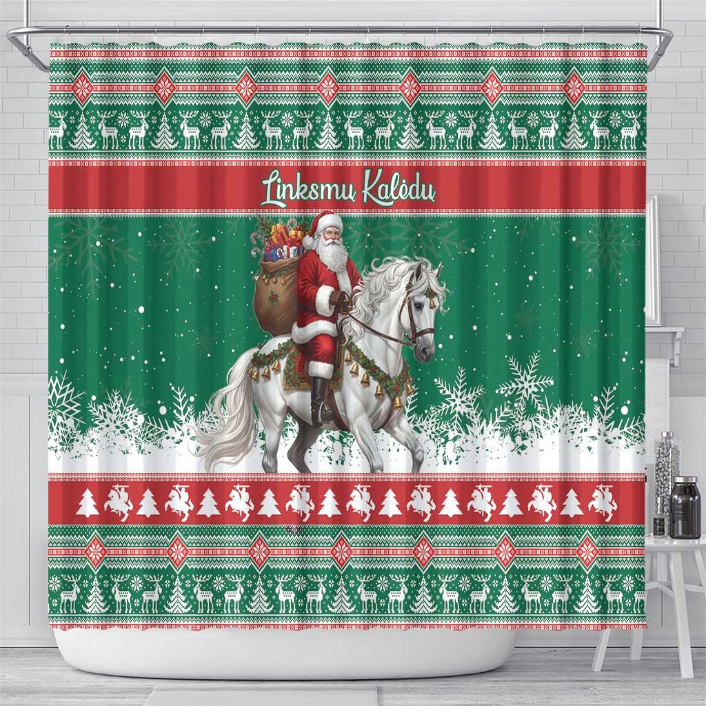 Lithuania Christmas Shower Curtain Santa Riding White Horse Linksmu Kaledu - Wonder Print Shop