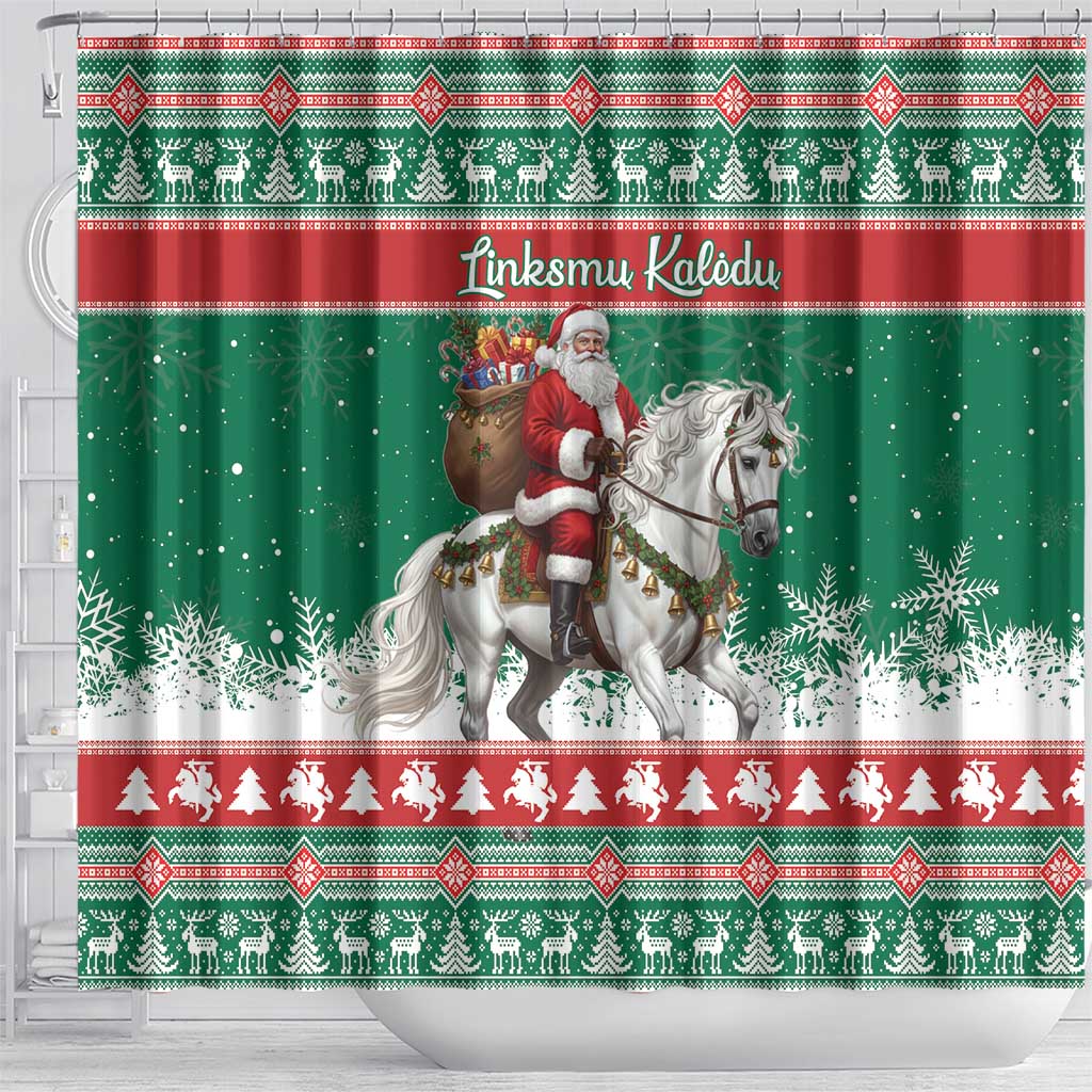 Lithuania Christmas Shower Curtain Santa Riding White Horse Linksmu Kaledu - Wonder Print Shop