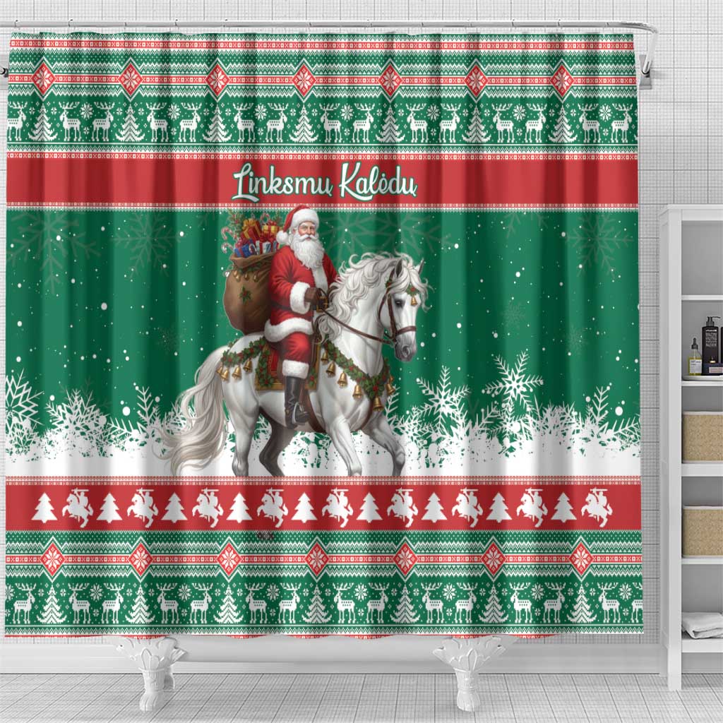 Lithuania Christmas Shower Curtain Santa Riding White Horse Linksmu Kaledu - Wonder Print Shop