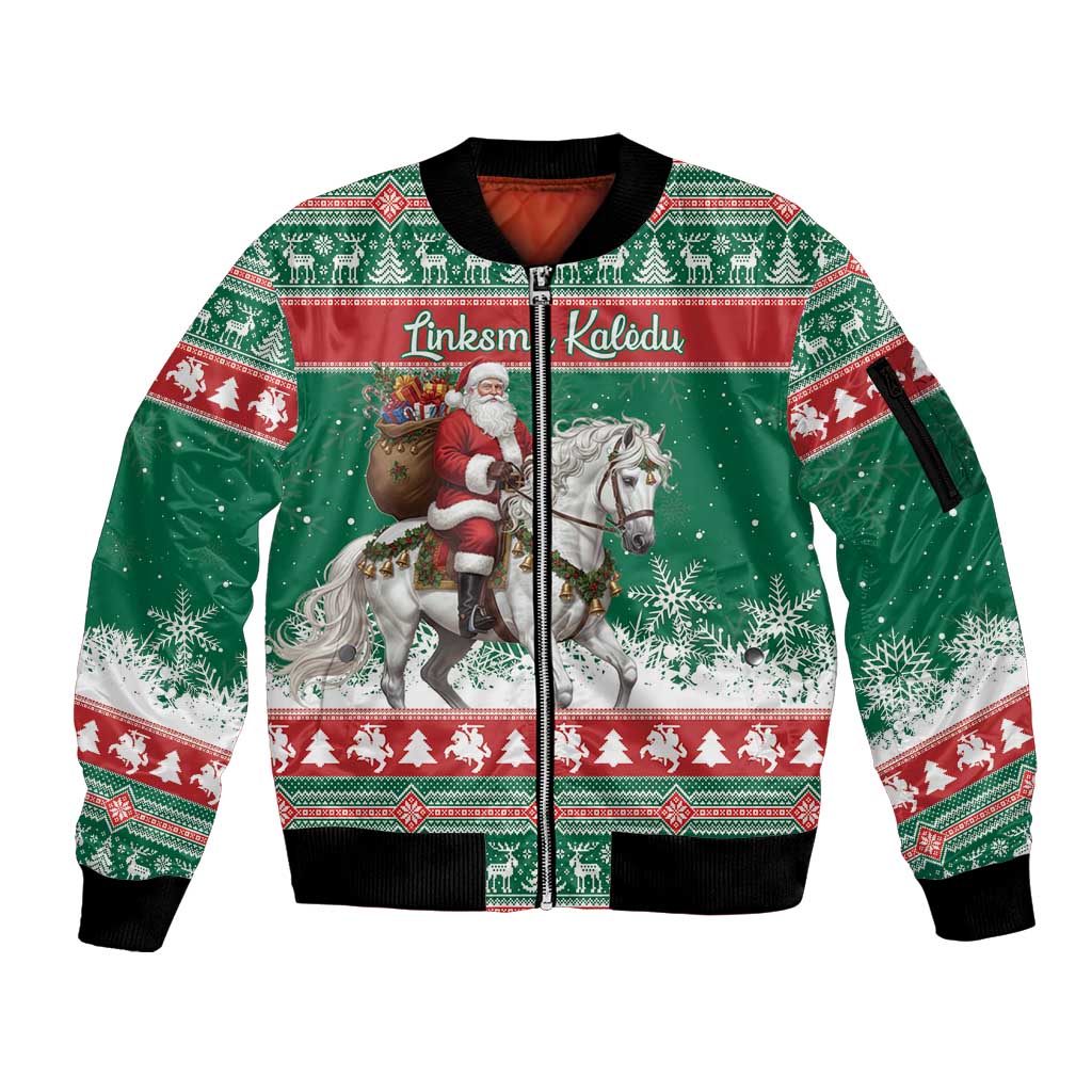 Lithuania Christmas Sleeve Zip Bomber Jacket Santa Riding White Horse Linksmu Kaledu - Wonder Print Shop