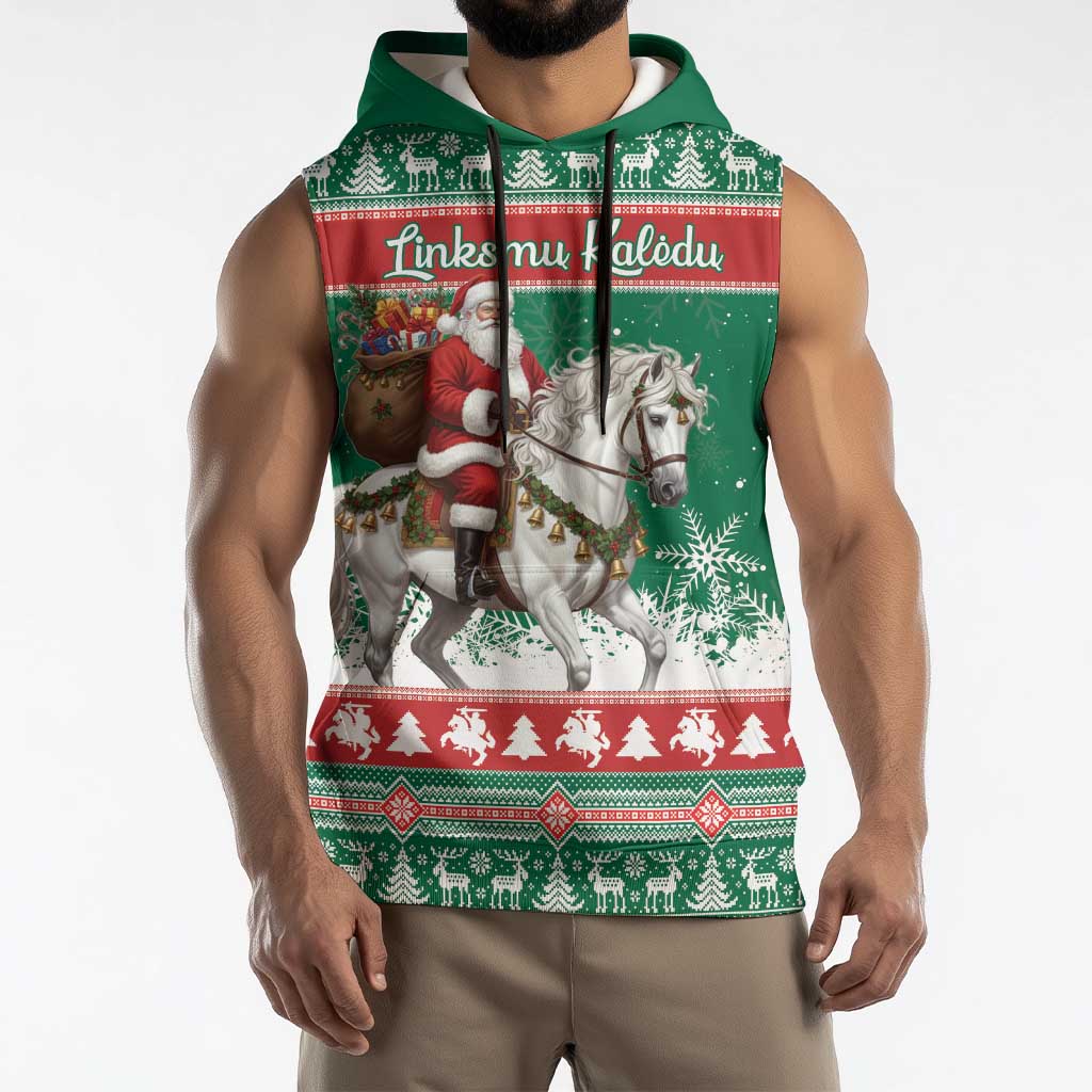 Lithuania Christmas Sleeveless Hoodie Santa Riding White Horse Linksmu Kaledu - Wonder Print Shop