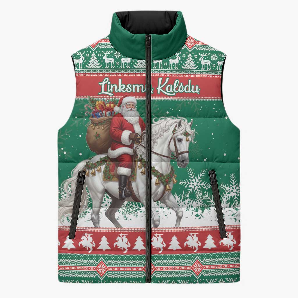 Lithuania Christmas Sleeveless Puffer Jacket Santa Riding White Horse Linksmu Kaledu - Wonder Print Shop