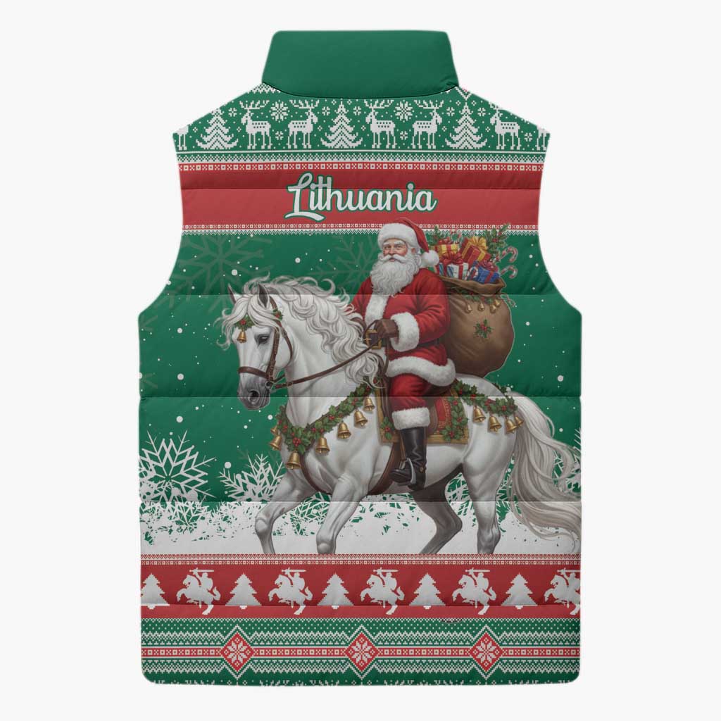 Lithuania Christmas Sleeveless Puffer Jacket Santa Riding White Horse Linksmu Kaledu - Wonder Print Shop